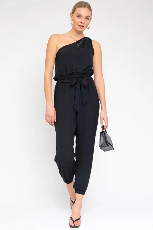 Sleeveless One Shoulder Waist Tie Jumpsuit - Scarlett's Riverside Boutique 