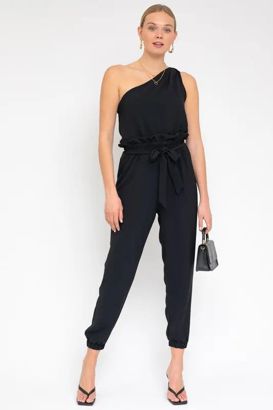 Sleeveless One Shoulder Waist Tie Jumpsuit - Scarlett's Riverside Boutique 