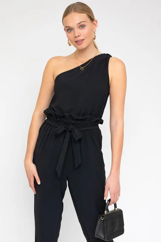 Sleeveless One Shoulder Waist Tie Jumpsuit - Scarlett's Riverside Boutique 