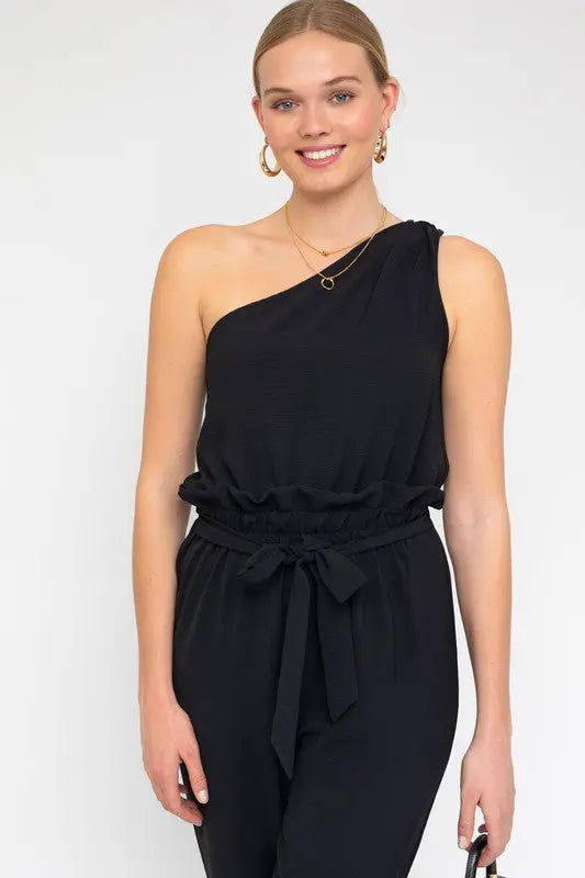 Sleeveless One Shoulder Waist Tie Jumpsuit - Scarlett's Riverside Boutique 