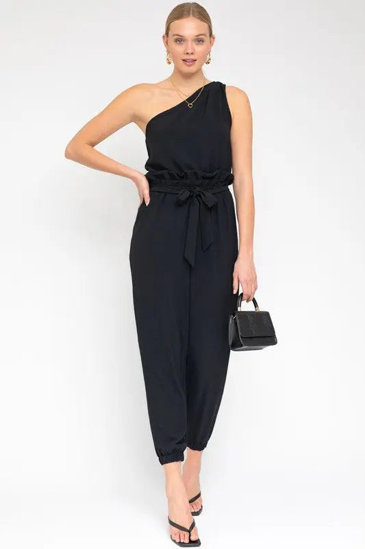 Sleeveless One Shoulder Waist Tie Jumpsuit - Scarlett's Riverside Boutique 