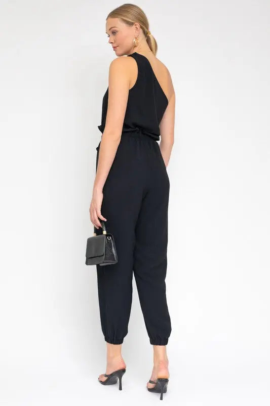 Sleeveless One Shoulder Waist Tie Jumpsuit - Scarlett's Riverside Boutique 