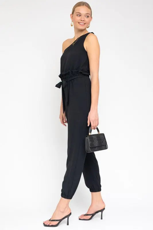 Sleeveless One Shoulder Waist Tie Jumpsuit - Scarlett's Riverside Boutique 