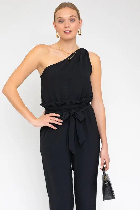 Sleeveless One Shoulder Waist Tie Jumpsuit - Scarlett's Riverside Boutique 