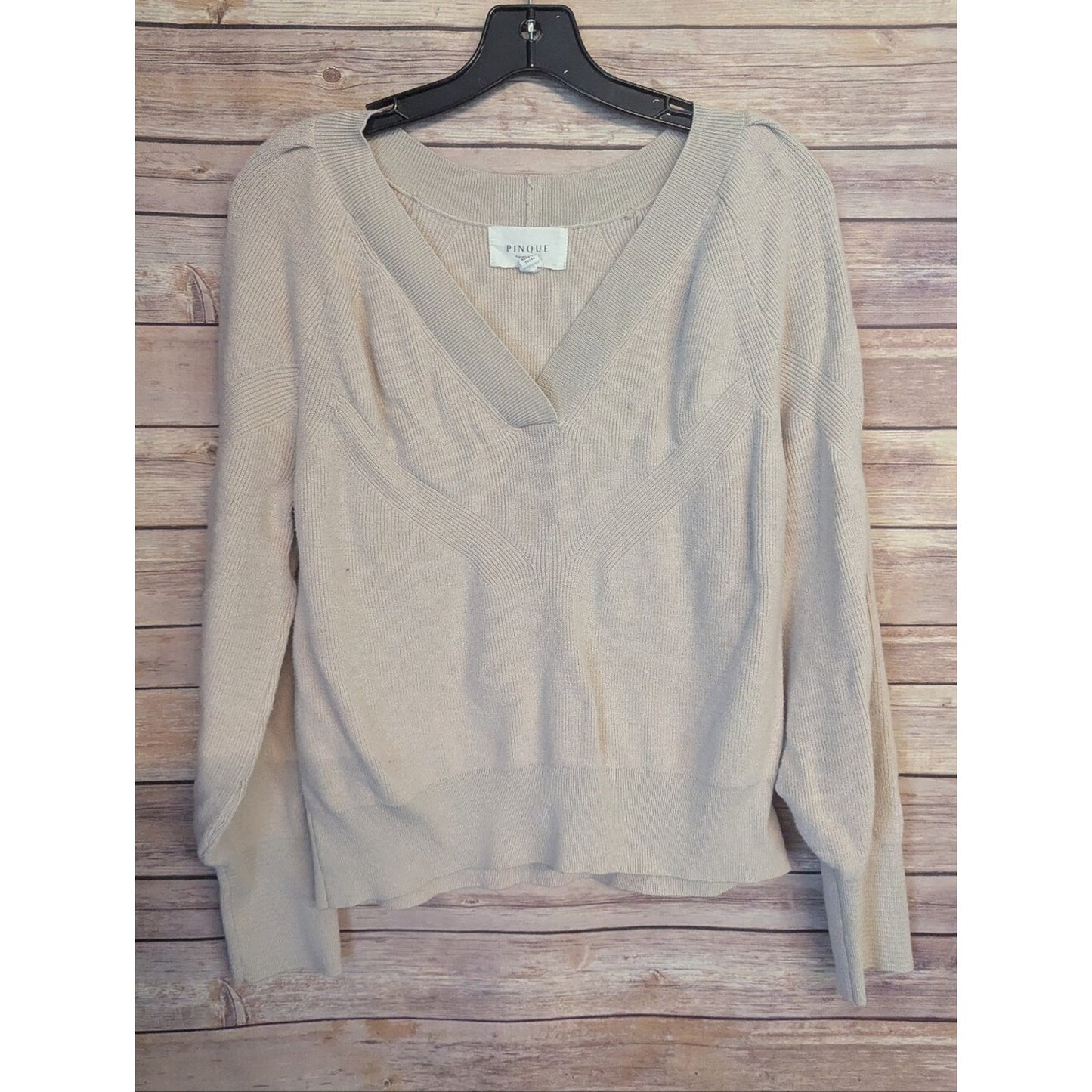 PINQUE Design Studio Sweater Women’s L Beige V Neck Puff Sleeve Knit Pullover