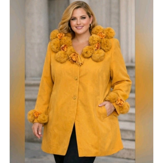 Vintage 70's Statement Coat,Studio C Collection 24W Mustard Faux Fur Pom Pom