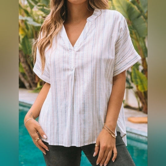 Linen Blend basic dressy top  striped top, NWTs Oversized M #C24