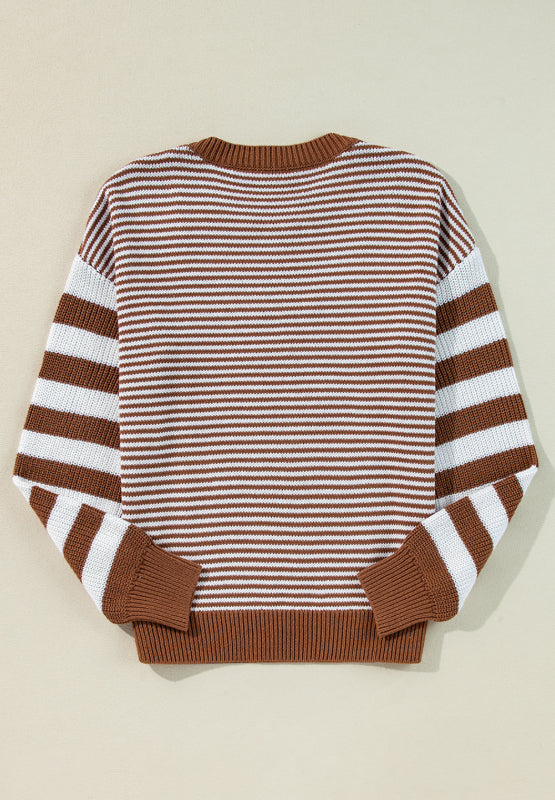 Striped Round Neck Dropped Shoulder Sweater - Scarlett's Riverside Boutique 