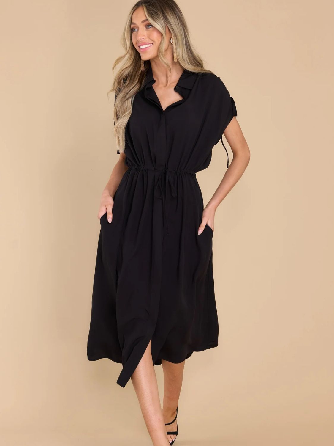 Drawstring Collared Neck Short Sleeve Midi Dress - Scarlett's Riverside Boutique 