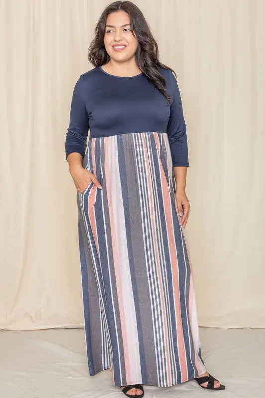 Plus Stripe Quarter Sleeve Maxi Dress - Scarlett's Riverside Boutique 