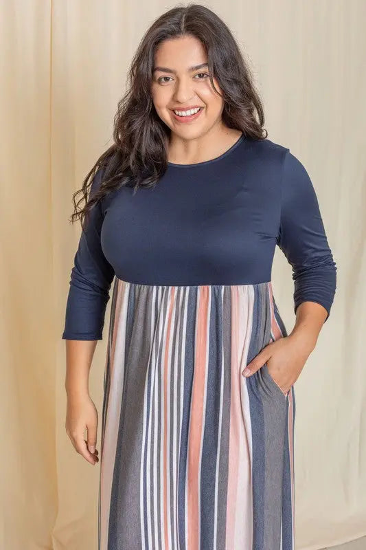 Plus Stripe Quarter Sleeve Maxi Dress - Scarlett's Riverside Boutique 