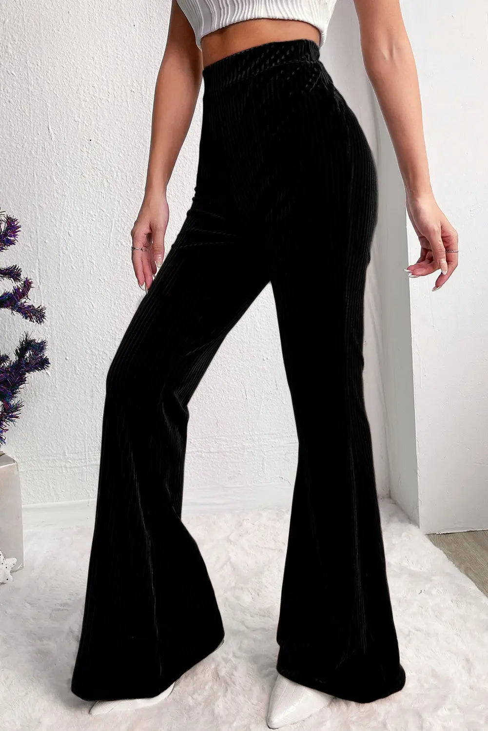 Black Solid Color High Waist Flare Corduroy Pants - Scarlett's Riverside Boutique 