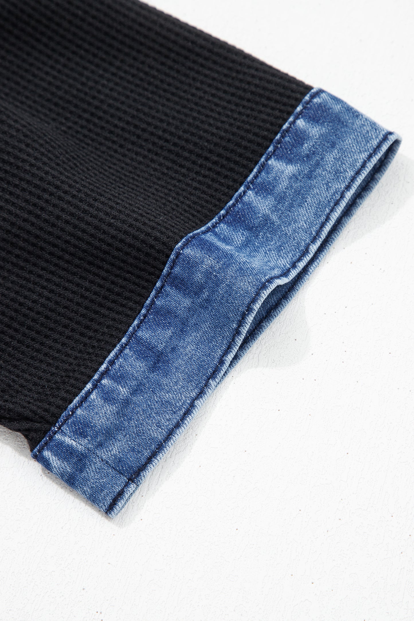 Black Waffle Knit Denim Contrast Trim Patchwork Button Polo Collar Top