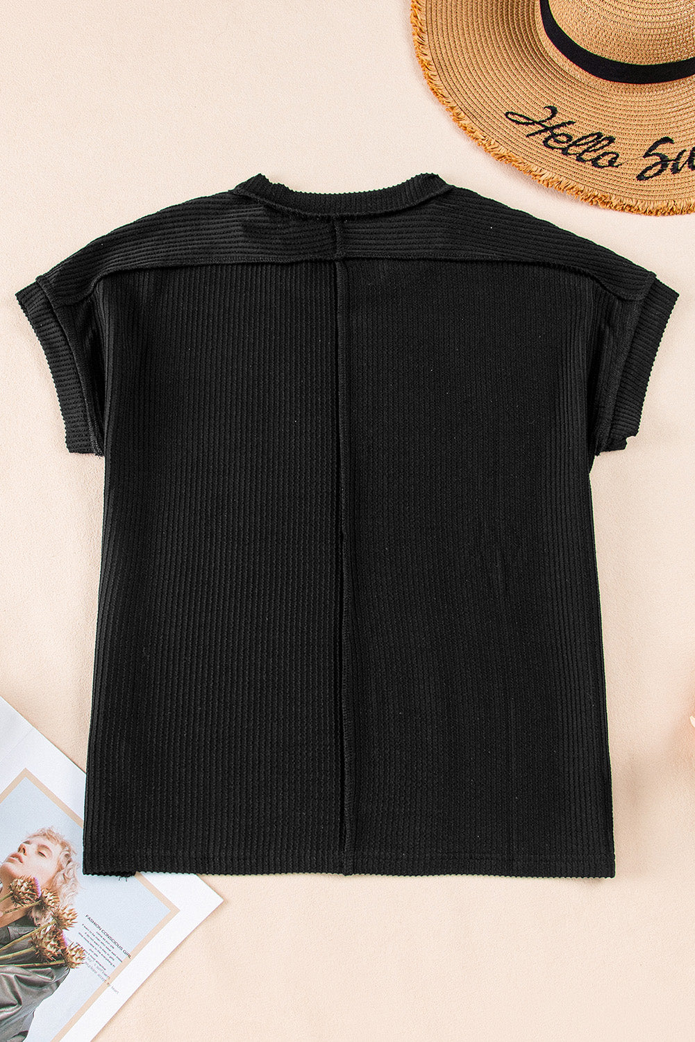 Black Textured Knit Exposed Stitching T-shirt - Scarlett's Riverside Boutique 