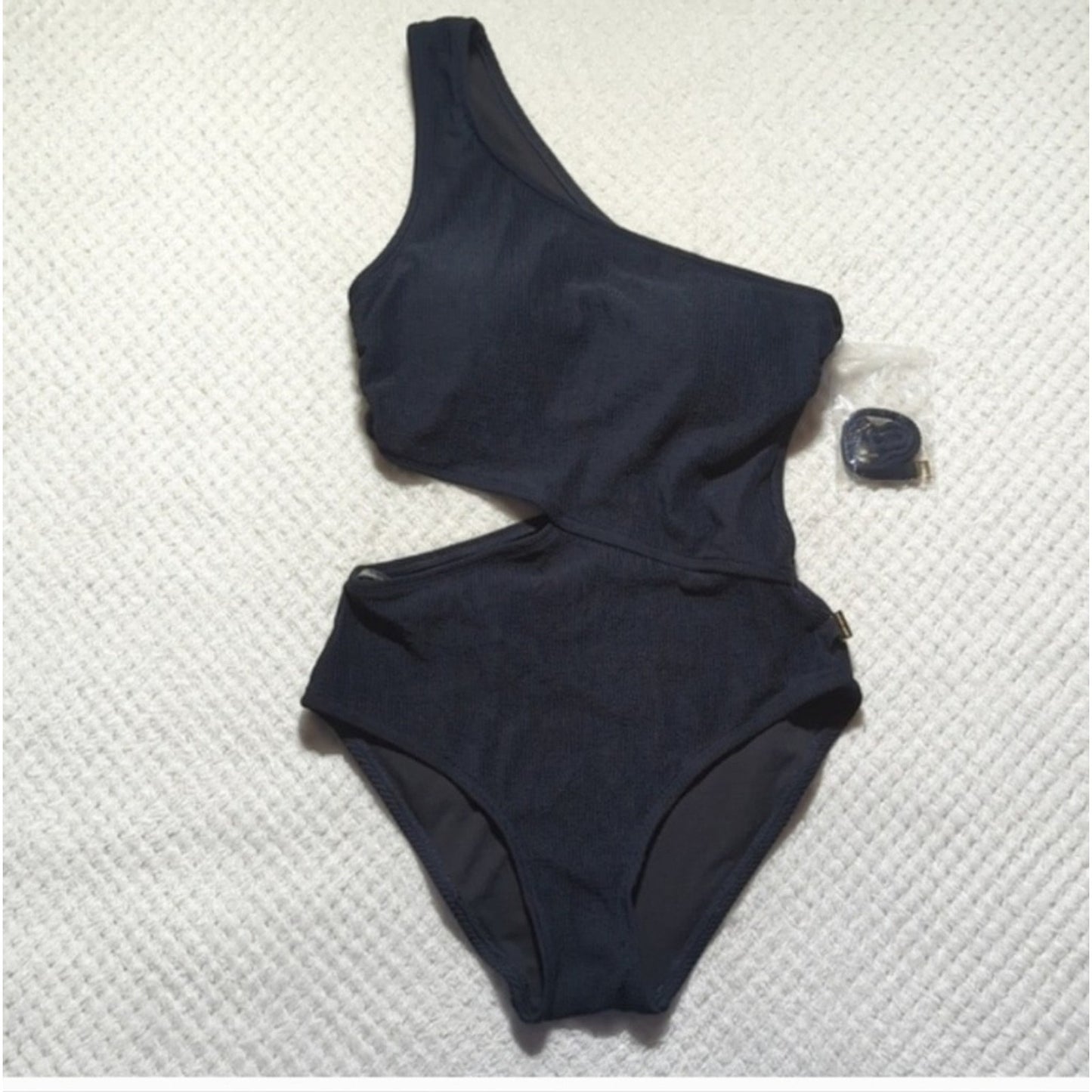 Michael Kors Black One Shoulder Cutout Ribbed One-Piece Swimsuit Sz 12. #A25