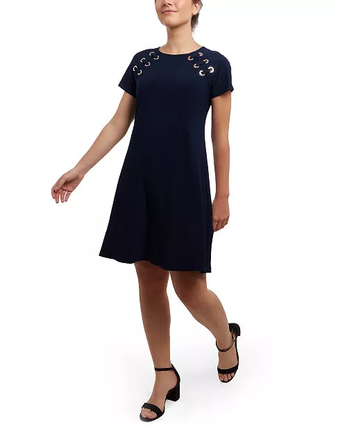 MSK Navy Blue Grommet Detail Dress Size Small Short Sleeve A-Line Casual Chic
