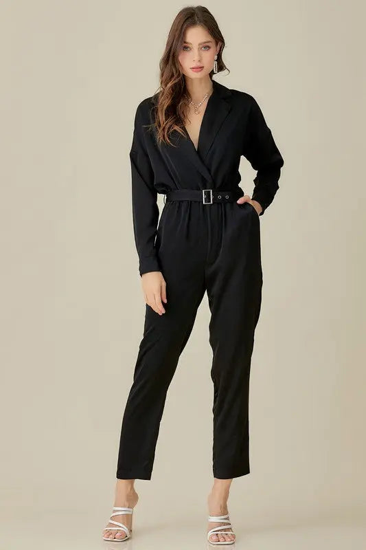 Belted Waist Collared Satin Jumpsuit - Scarlett's Riverside Boutique 