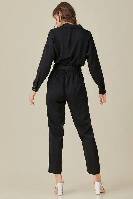 Belted Waist Collared Satin Jumpsuit - Scarlett's Riverside Boutique 