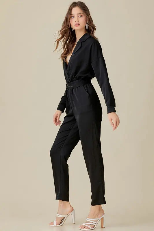 Belted Waist Collared Satin Jumpsuit - Scarlett's Riverside Boutique 