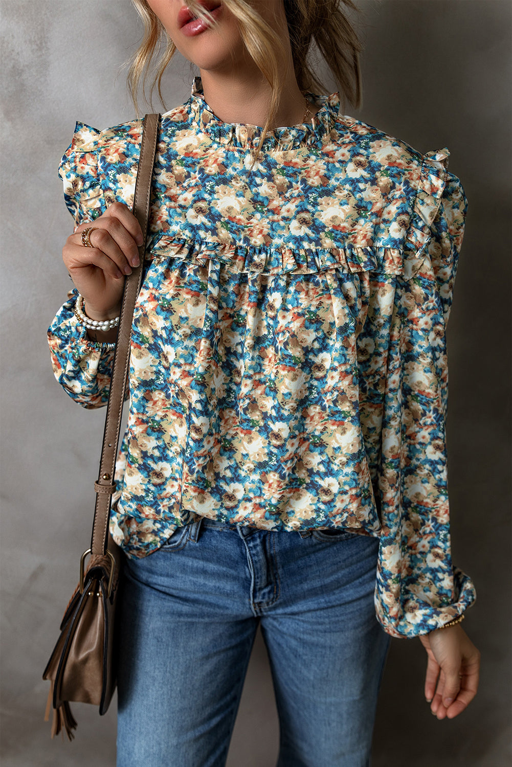 Sky Blue Floral Print Frilled Mock Neck Puff Sleeve Blouse - Scarlett's Riverside Boutique 