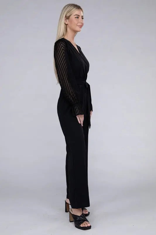 Sheer sleeve and Wide leg Jumpsuit - Scarlett's Riverside Boutique 