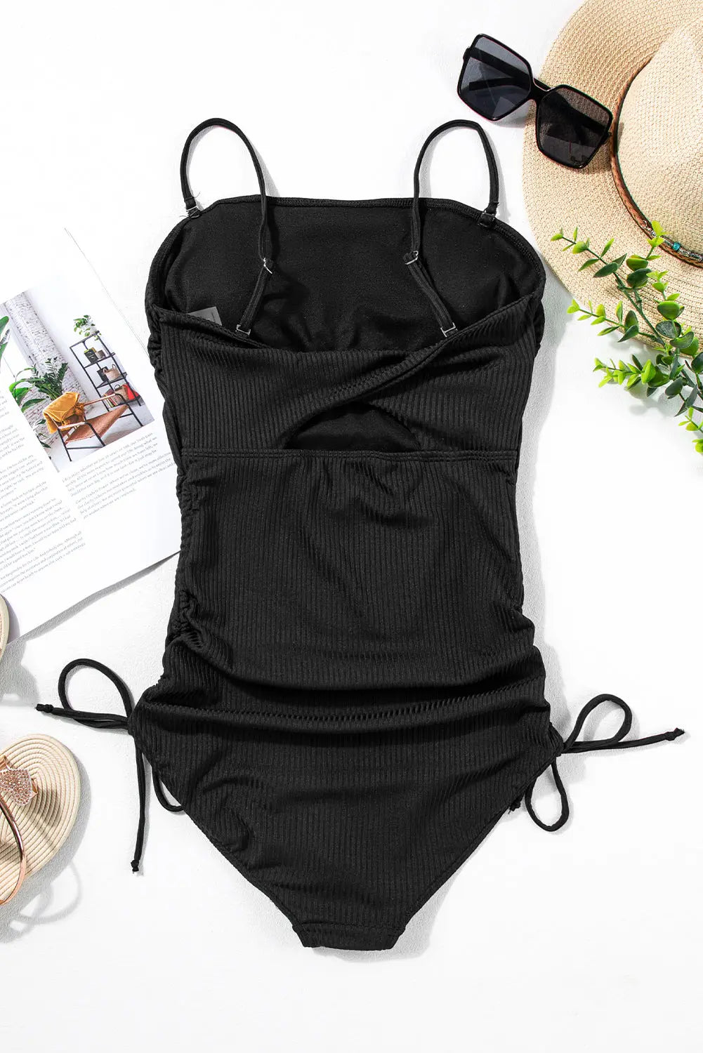 Black Ribbed Drawstring Sides Cutout One Piece Swimsuit - Scarlett's Riverside Boutique 