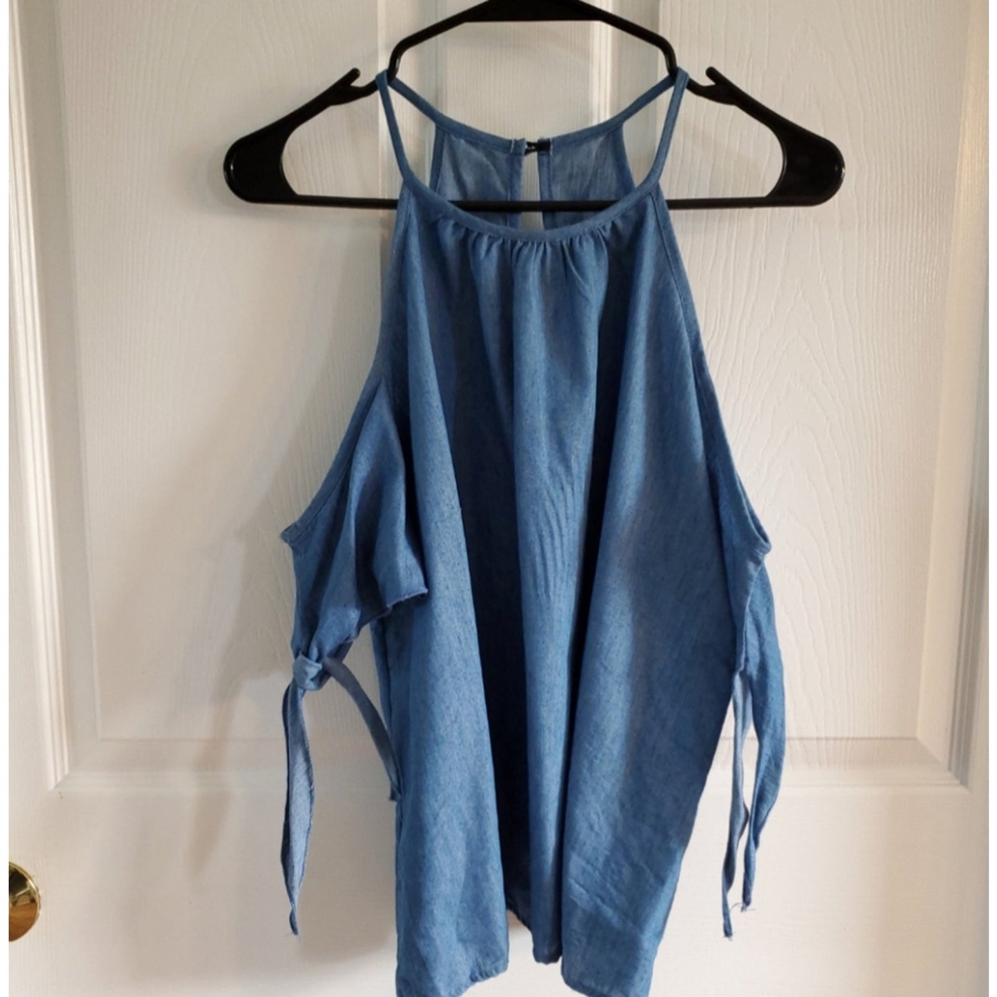 Charlotte Russe Chambray Blue Cold Shoulder Halter Top | Tie Sleeve Boho Blouse