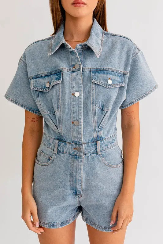 Short Sleeve Denim Romper - Scarlett's Riverside Boutique 