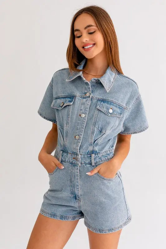 Short Sleeve Denim Romper - Scarlett's Riverside Boutique 