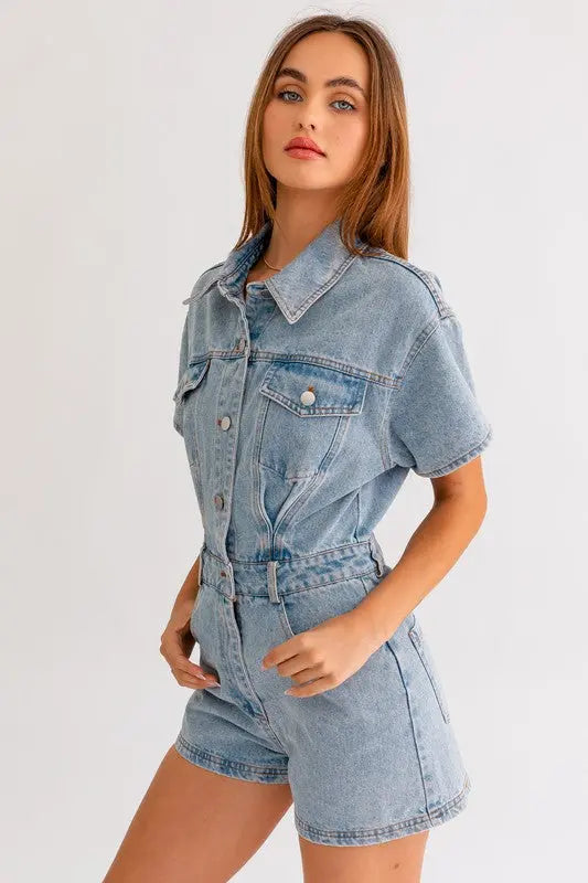 Short Sleeve Denim Romper - Scarlett's Riverside Boutique 