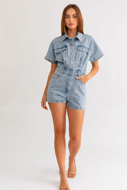 Short Sleeve Denim Romper - Scarlett's Riverside Boutique 