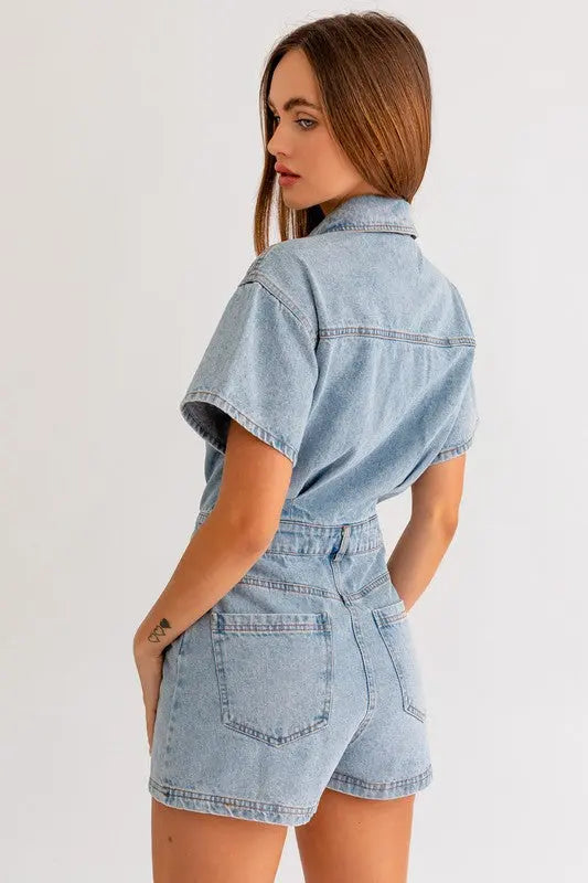 Short Sleeve Denim Romper - Scarlett's Riverside Boutique 