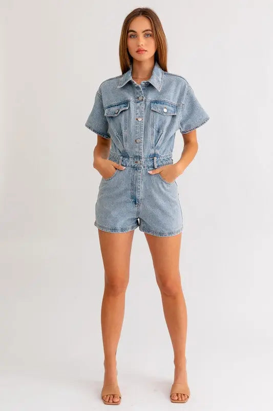 Short Sleeve Denim Romper - Scarlett's Riverside Boutique 