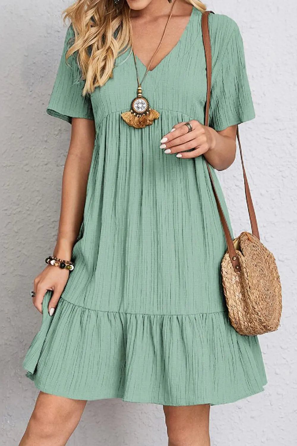 Full Size Ruched V-Neck Short Sleeve Dress - Scarlett's Riverside Boutique 