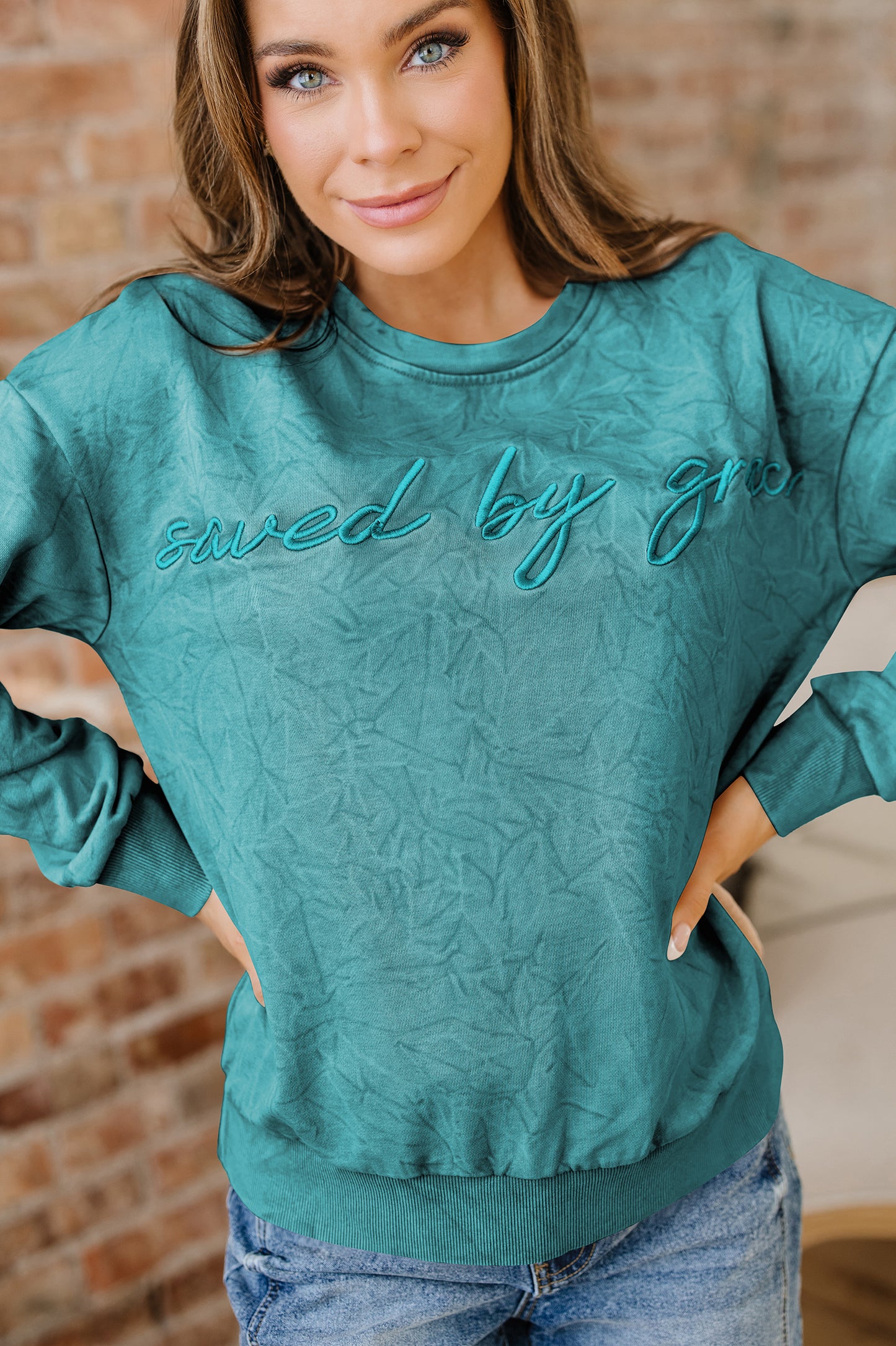 Mineral Red saved by grace Letter Embroidery Mineral Wash Loose Sweatshirt