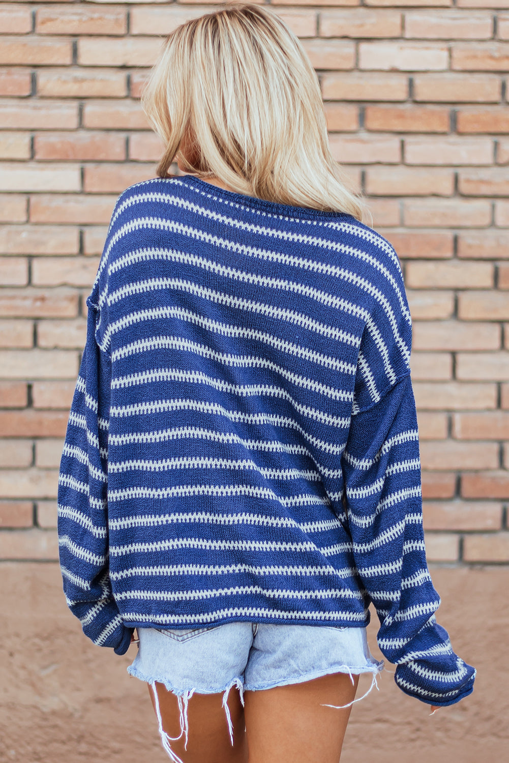 Sky Blue Stripe Drop Shoulder Casual Sweater - Scarlett's Riverside Boutique 