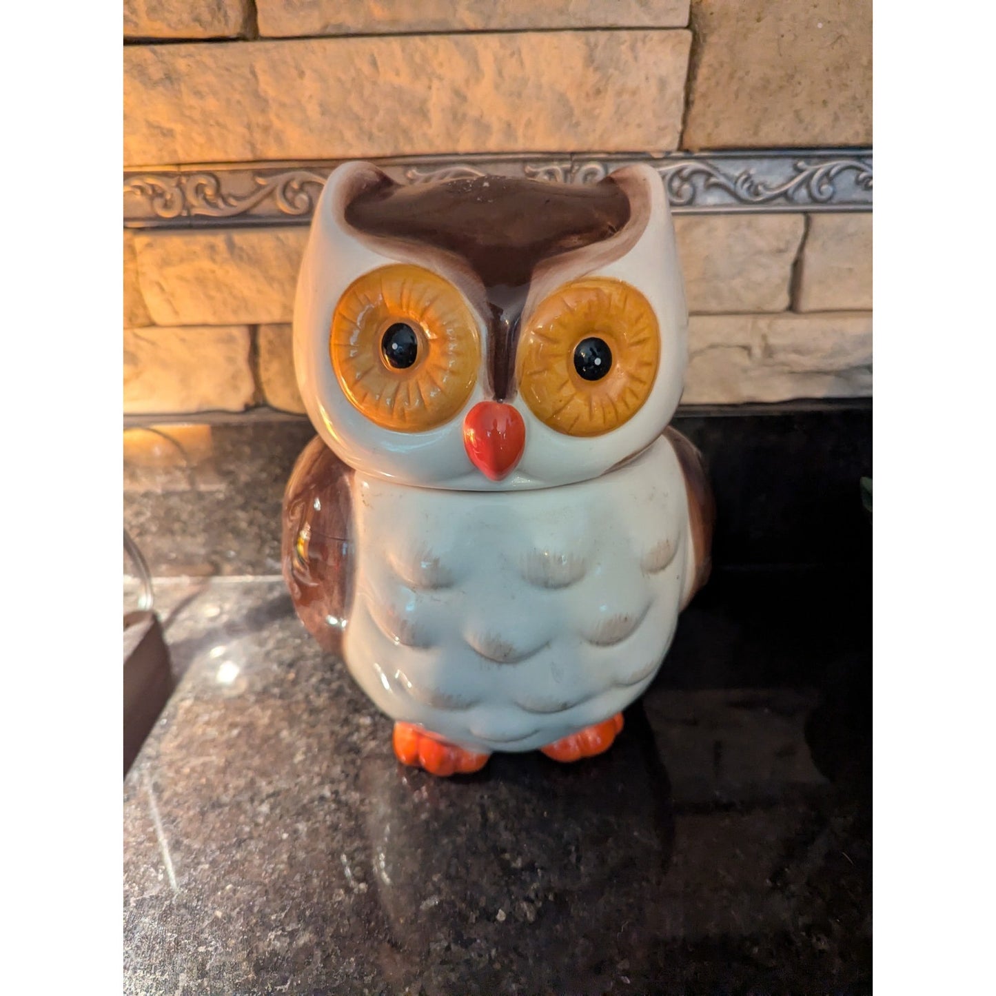 Vintage 1970s Owl Cookie Jar Canister With Lid Brown White Orange Hand Wash