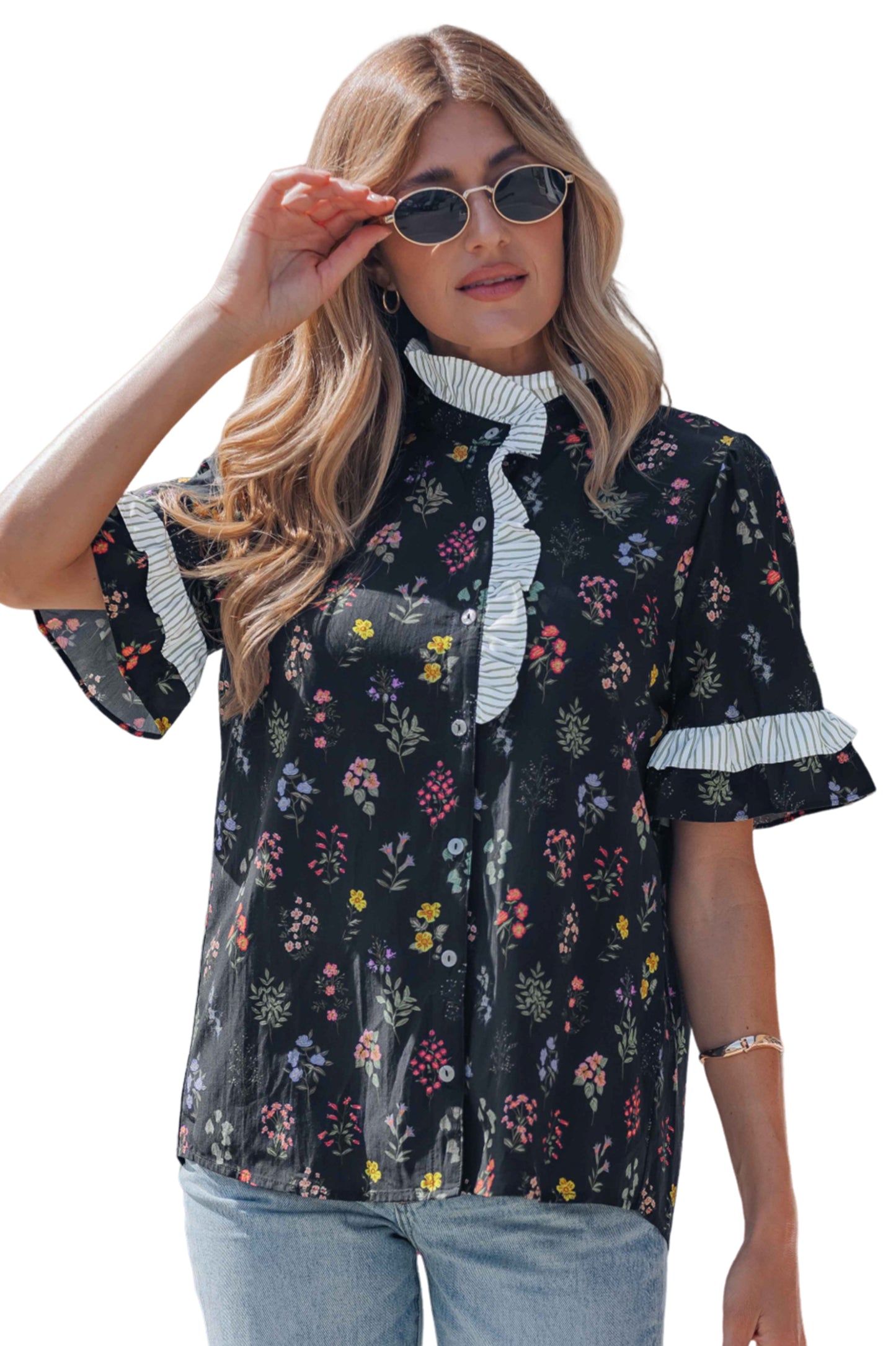 Women’s Black Floral Ruffle Blouse | Button Down Romantic Cottagecore Top with Striped Detail
