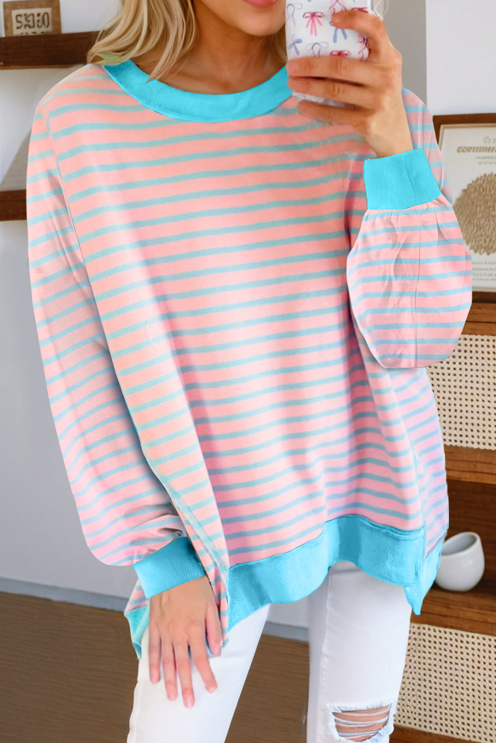 Pink Stripe Contrast Trim High Low Pullover Tunic Sweatshirt - Scarlett's Riverside Boutique 