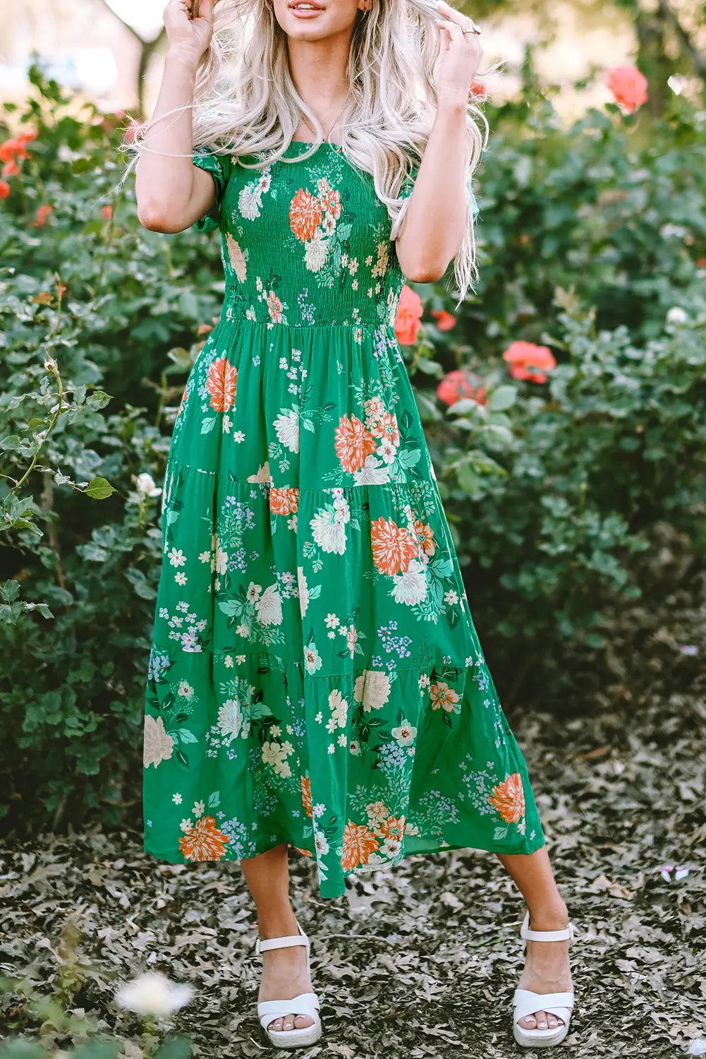 Green Floral Print Bubble Sleeve Smocked Tiered Midi Dress - Scarlett's Riverside Boutique 