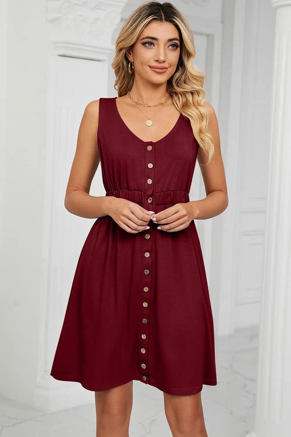 Buttoned Wide Strap Mini Dress - Scarlett's Riverside Boutique 