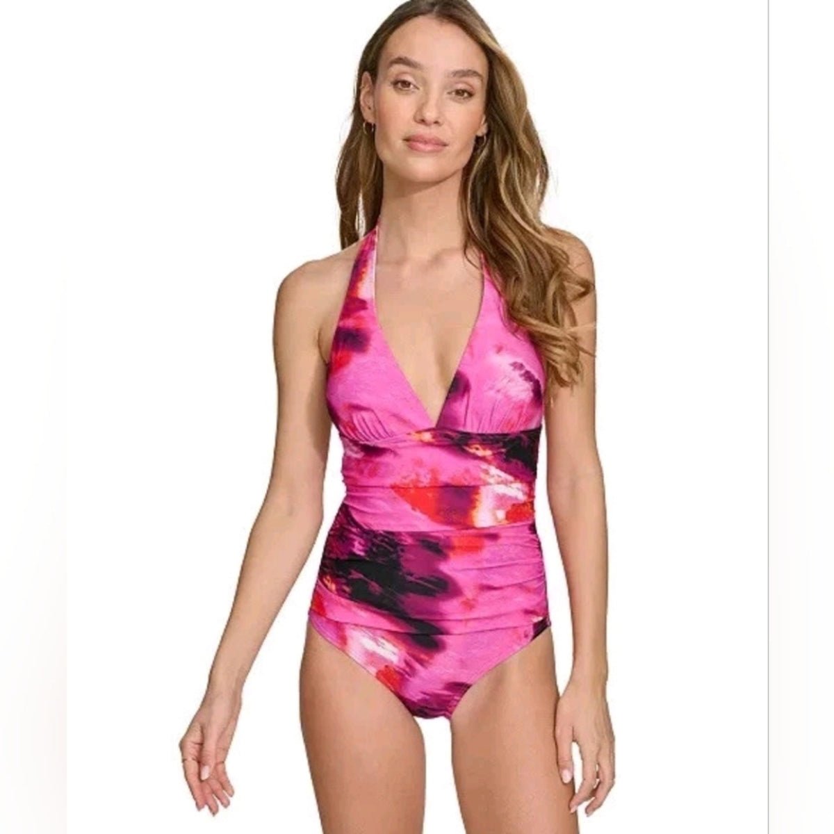 Dkny Pink and Black One Piece Swimsuit with Halter Neckline