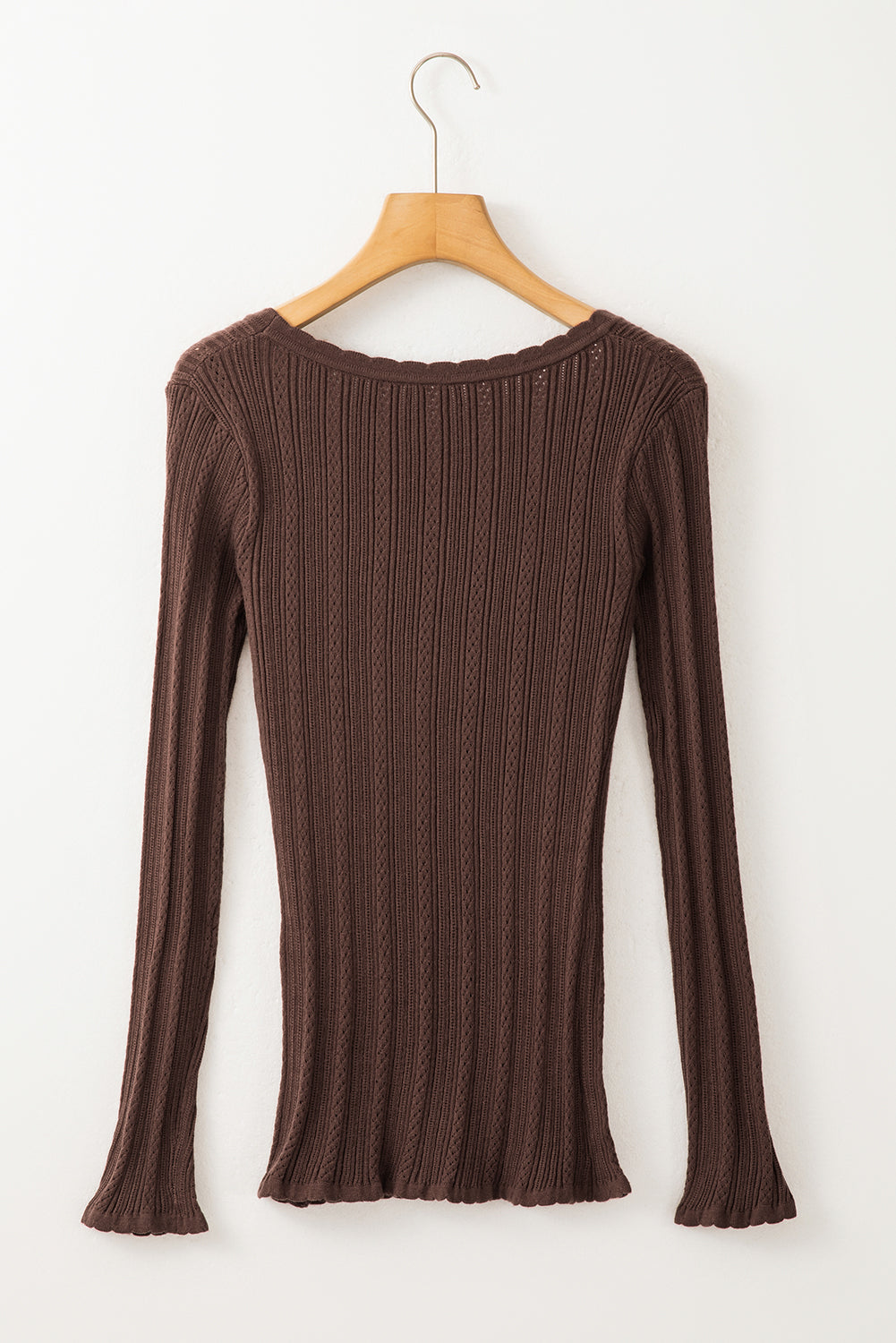 Coffee Solid Color Rib Knit U Neck Slim Fit Long Sleeve Top - Scarlett's Riverside Boutique 