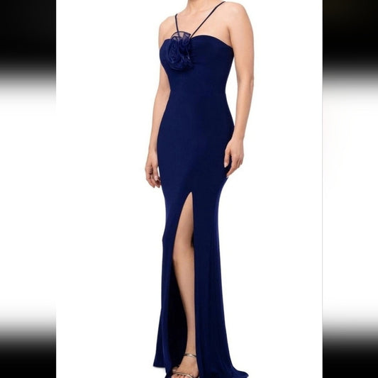NWT XSCAPE Women’s Size 14 Navy Rosette Halter Gown Formal Evening Dress #G41