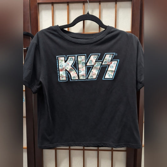 KISS Graphic Band Tee Size L Black Floral Logo Rock T-Shirt #B36
