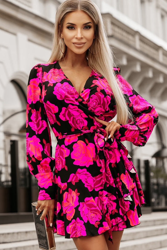 Rose Floral Print V Neck Wrap Bishop Sleeve Ruffle Tiered Mini Dress - Scarlett's Riverside Boutique 