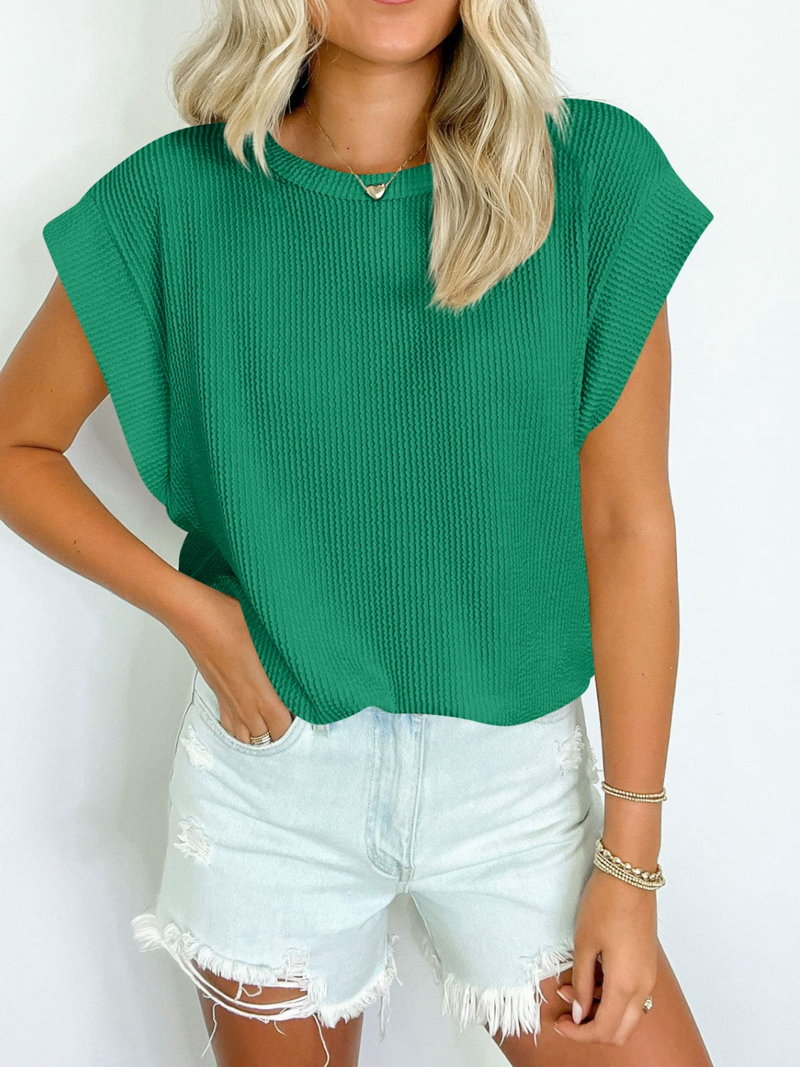 Textured Round Neck Cap Sleeve Blouse - Scarlett's Riverside Boutique 