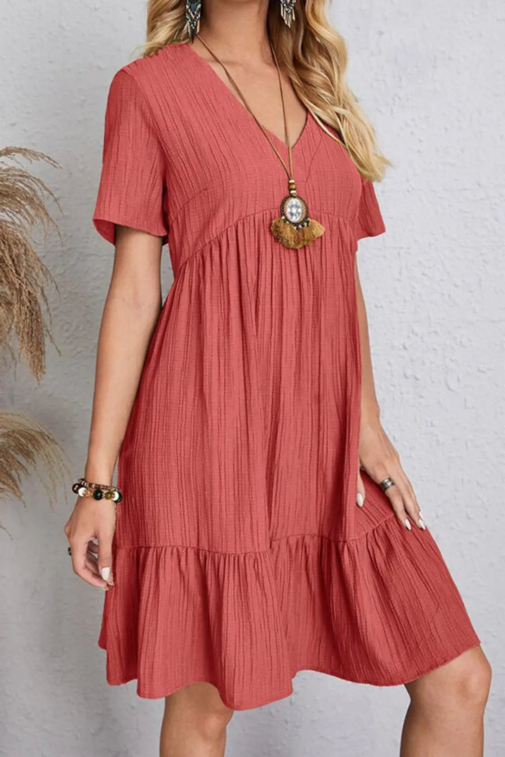 Full Size Ruched V-Neck Short Sleeve Dress - Scarlett's Riverside Boutique 