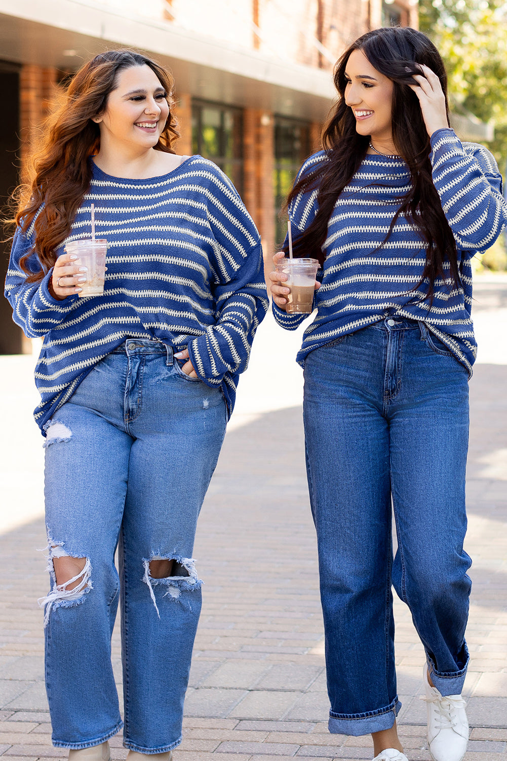 Sky Blue Stripe Drop Shoulder Casual Sweater - Scarlett's Riverside Boutique 