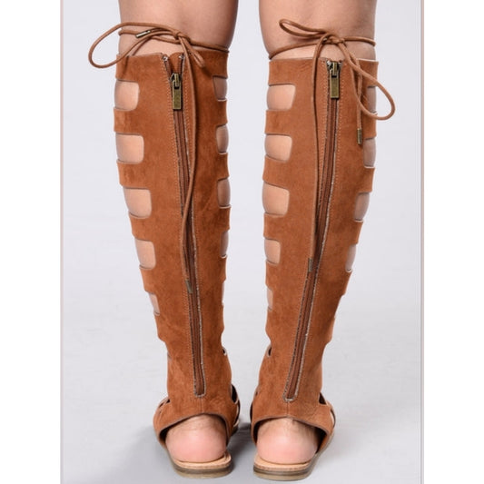Sofree Women’s Suede Gladiator Sandals Size 9 Brown Lace Up Knee High Zip Flat S